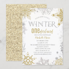 Winter Onederland Birthday Silver Guld Snowflake Inbjudningar