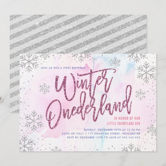 Winter ONEderland Birthday Silver Magenta Glitter Inbjudningar (Fram/baksida)