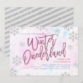 Winter ONEderland Birthday Silver Magenta Glitter Inbjudningar