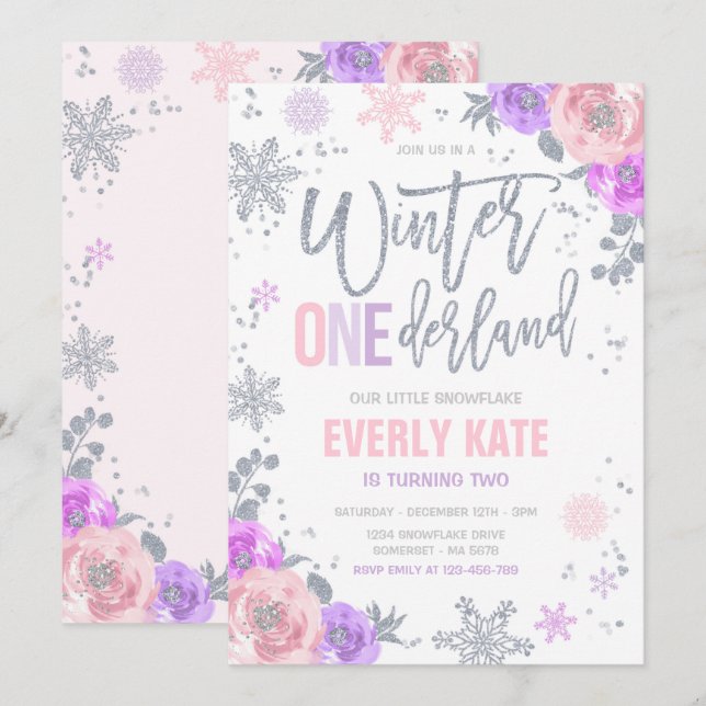 Winter ONEderland Birthday Silver Rosa Snowflake Inbjudningar (Fram/baksida)