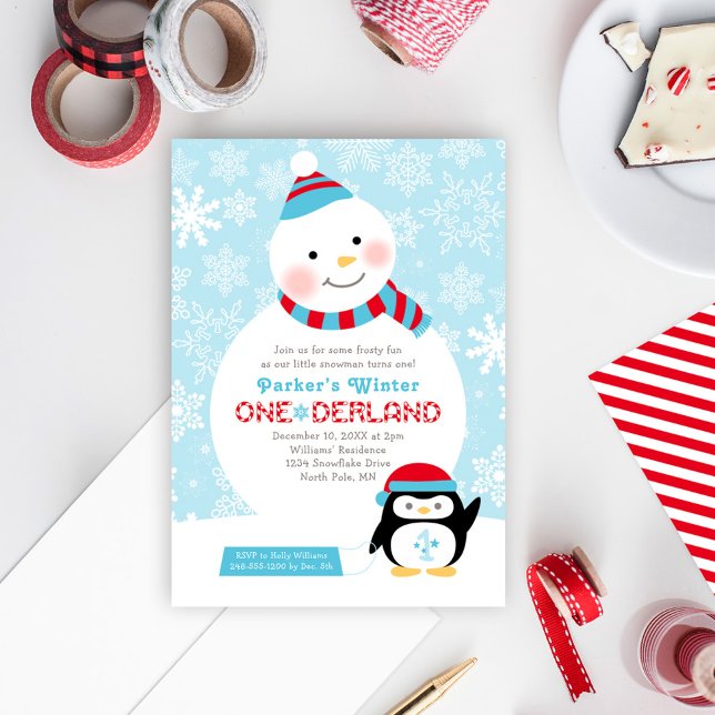 Winter ONEderland Birthday Snögubbe och Penguin Inbjudningar (Skapare uppladdad)