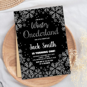 Winter ONEderland Bjuder in Black Silver Inbjudningar