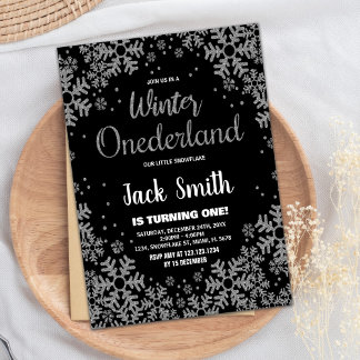 Winter ONEderland Bjuder in Black Silver Inbjudningar