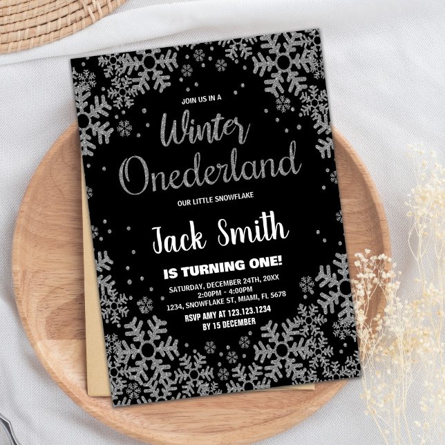Winter ONEderland Bjuder in Black Silver Inbjudningar (Winter ONEderland Invitations Black Silver)