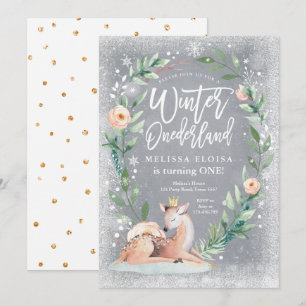 Winter ONEderland Blommigt Silver Hjort Birthday Inbjudningar