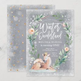 Winter ONEderland Blommigt Silver Woodland Birthda Inbjudningar
