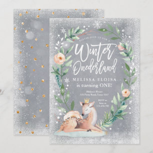 Winter ONEderland Blommigt Silver Woodland Birthda Inbjudningar