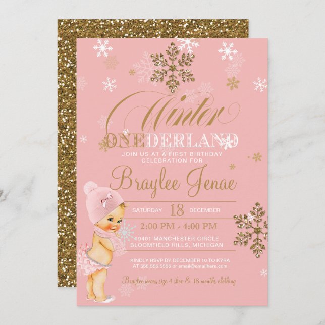 Winter Onederland Blonde Flicka Inbjudningar (Fram/baksida)