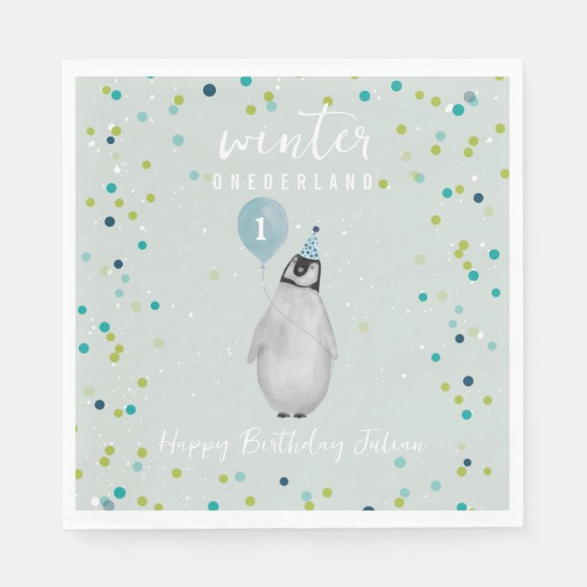 Winter Onederland Blue Birthday Balloon Penguin Pappersservett (Framsidan)