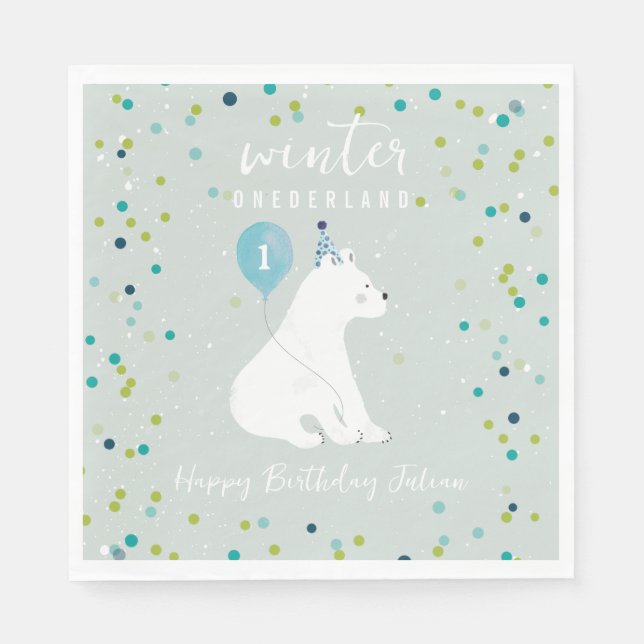Winter Onederland Blue Birthday Balloon Polar Bear Pappersservett (Framsidan)