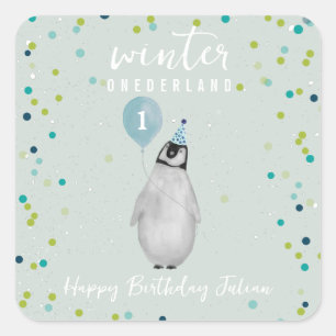 Winter Onederland Blue Birthday Penguin Balloon Fyrkantigt Klistermärke
