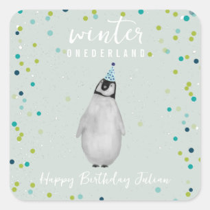 Winter Onederland Blue Birthday Penguin Confetti Fyrkantigt Klistermärke