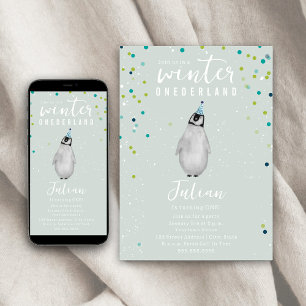 Winter Onederland Blue Birthday Penguin Confetti Inbjudningar