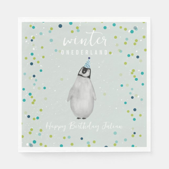 Winter Onederland Blue Birthday Penguin Confetti Pappersservett (Framsidan)