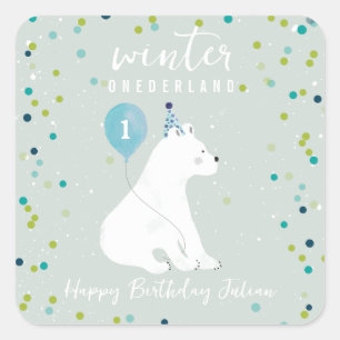 Winter Onederland Blue Birthday Polar Bear Snö Fyrkantigt Klistermärke