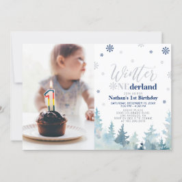 Winter Onederland Blue Boy 1st Birthday Photo Inv Inbjudningar