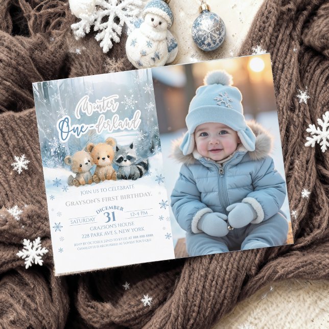 Winter Onederland Blue First Bday Photo Invitation (Skapare uppladdad)