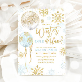 Winter Onederland Blue Guld Snowflake Birthday Inbjudningar