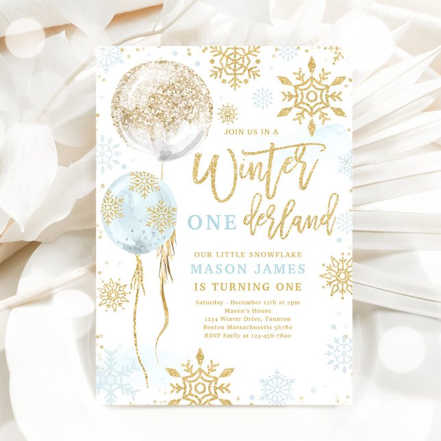 Winter Onederland Blue Guld Snowflake Birthday Inbjudningar (Skapare uppladdad)