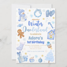Winter ONEderland Blue jul Birthday Inbjudan