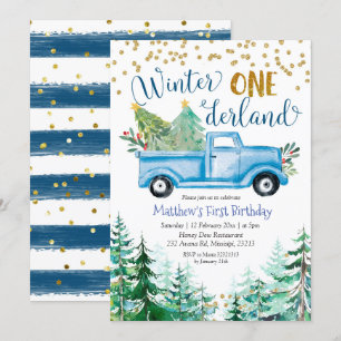 Winter Onederland Blue jul Lastbil Birthday Inbjudningar