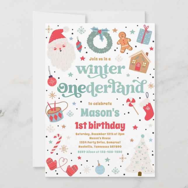 Winter ONEderland Blue Juldag Födelsedagsfest Inbjudningar (Framsida)