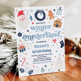 Winter ONEderland Blue Juldag Födelsedagsfest Inbjudningar