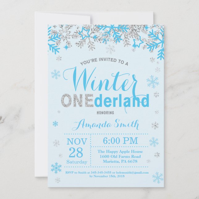 Winter Onederland Blue och Silver Boy 1st Birthday Inbjudningar (Framsida)