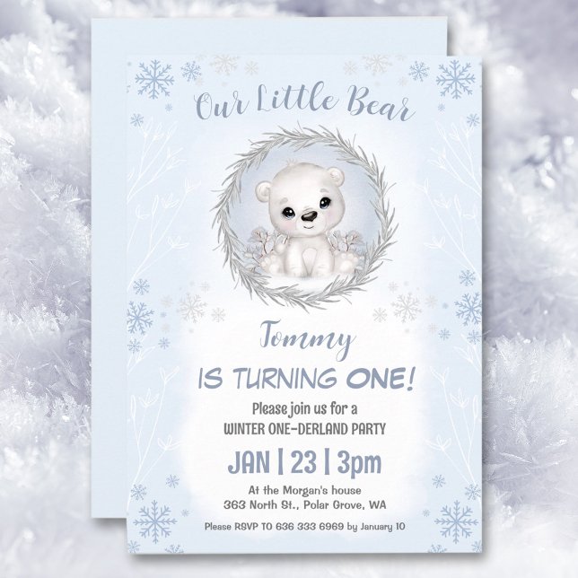 Winter Onederland Blue Polar Bear Boy 1st Birthday Inbjudningar (Winter Onederland Blue Polar Bear Boy 1st Birthday Invitation)