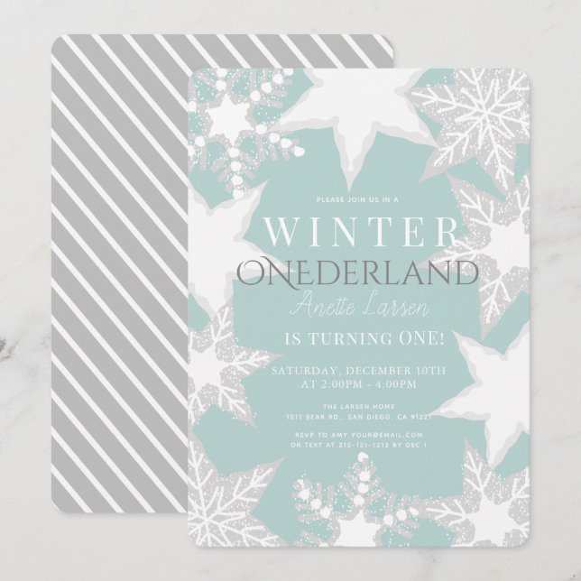 Winter Onederland Blue & Silver 1:a födelsedag Inbjudningar (Fram/baksida)