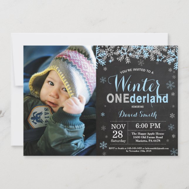 Winter Onederland Blue Silver Boy 1st Birthday Inbjudningar (Framsida)