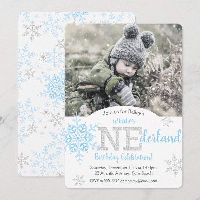 Winter ONEderland Blue Silver Glitter 1:a födelsed Inbjudningar (Fram/baksida)
