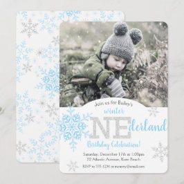 Winter ONEderland Blue Silver Glitter 1:a födelsed Inbjudningar