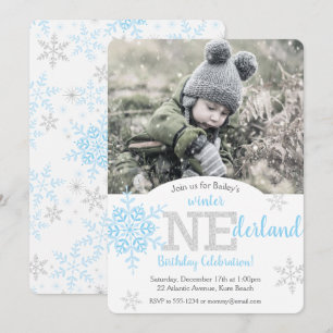 Winter ONEderland Blue Silver Glitter 1:a födelsed Inbjudningar
