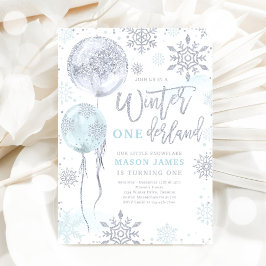 Winter Onederland Blue Silver Snowflake Birthday Inbjudningar