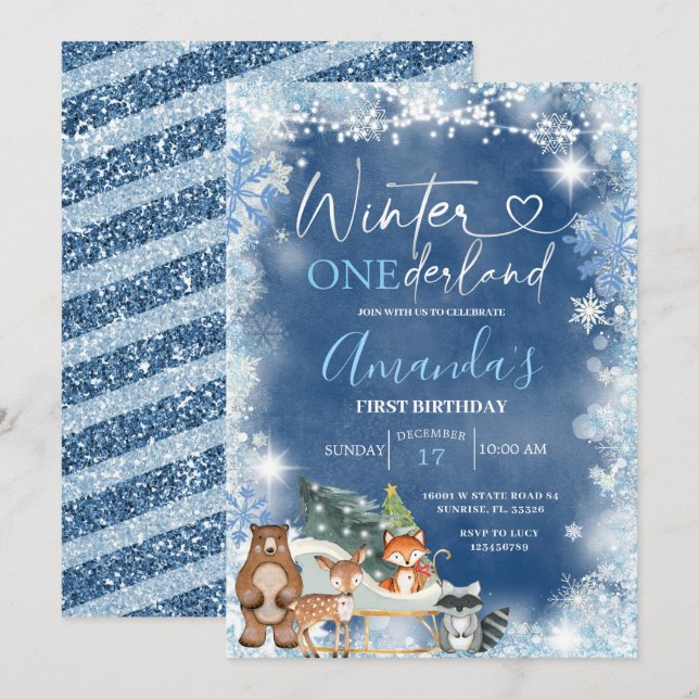 Winter Onederland Blue Snowflake Birthday Inbjudningar (Fram/baksida)