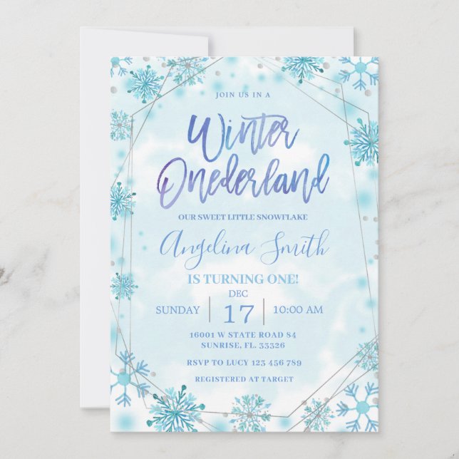 Winter Onederland Blue Snowflake Birthday Inbjudningar (Framsida)