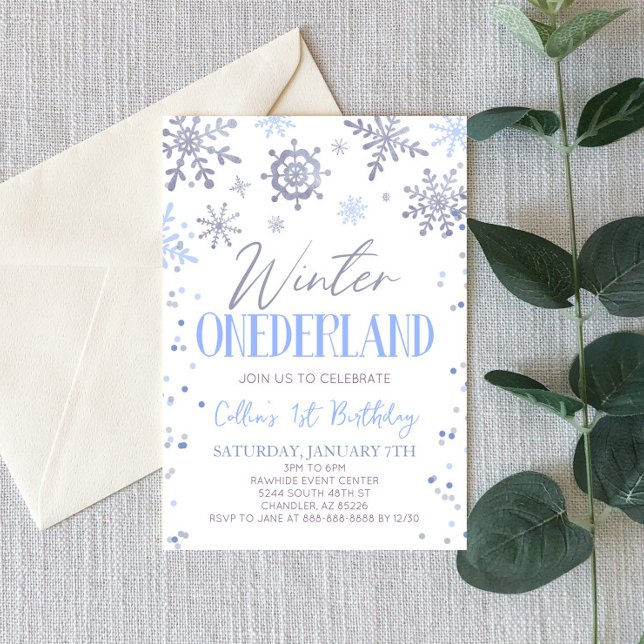 Winter ONEderland Blue Snowflake-Födelsedagsfest Inbjudningar (Skapare uppladdad)