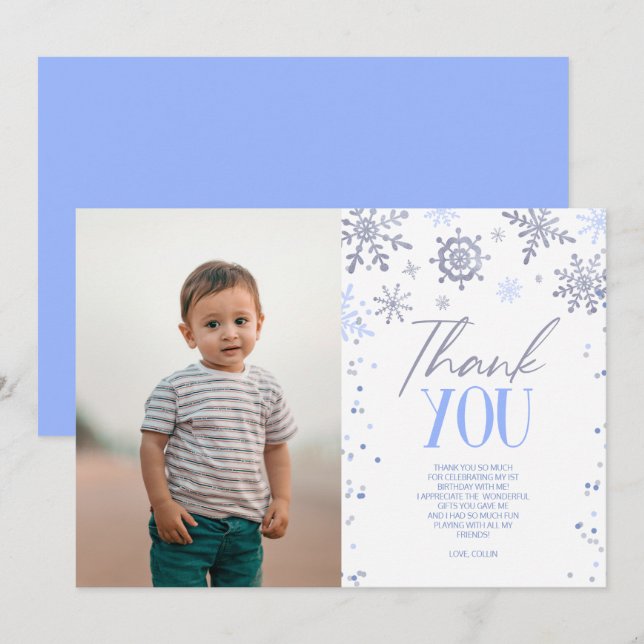 Winter ONEderland Blue Snowflake-Födelsedagsfest Tack Kort (Fram/baksida)