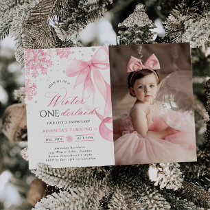 Winter Onederland Bow Snowflake Birthday Photo Inbjudningar