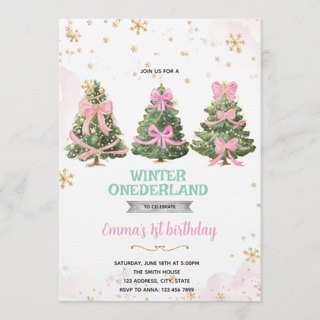Winter Onederland bow tree invitation Inbjudningar (Framsida)