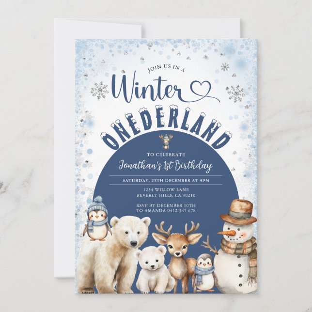 Winter Onederland Boy 1st Birthday Arctic Animals Inbjudningar (Framsida)