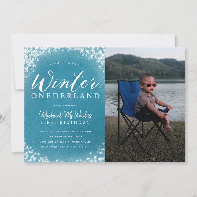 Winter Onederland Boy 1st Birthday Party Photo Inbjudningar (Framsida)