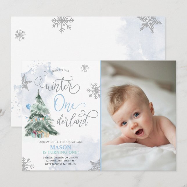 Winter Onederland Boy Blue Winter 1st Birthday Inbjudningar (Fram/baksida)