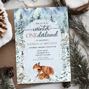 Winter ONEderland Boy Girl 1st First Birthday Fox Inbjudningar