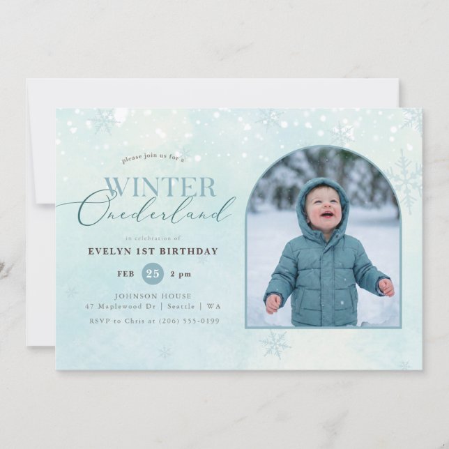 Winter Onederland Boy Girl Arch Photo 1st Birthday Inbjudningar (Framsida)
