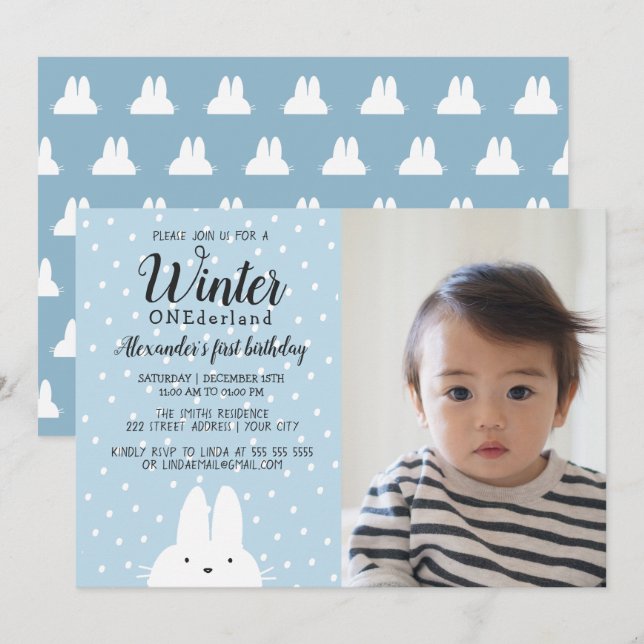 Winter ONEderland Boy Photo 1st Birthday Blue Inbjudningar (Fram/baksida)