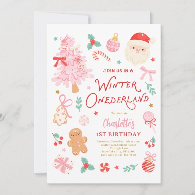 Winter Onederland Christmas 1st Birthday Party Inbjudningar (Framsida)