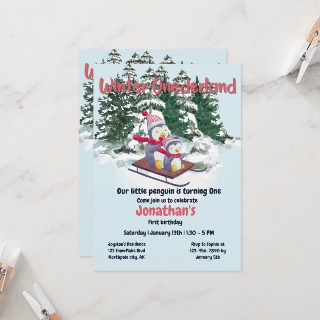 Winter Onederland Cute Penguins första födelsedag  Inbjudningar (Fram/Back In Situ)