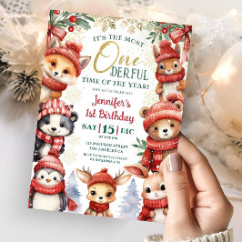 Winter Onederland Cute Winter Animals 1:a födelsed Inbjudningar